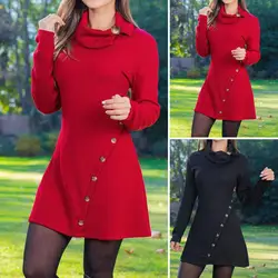 Lightweight Solid Color Dress Stylish Women's Autumn Winter Mini Dress with Piled Collar Button Decor High Waist for Cold