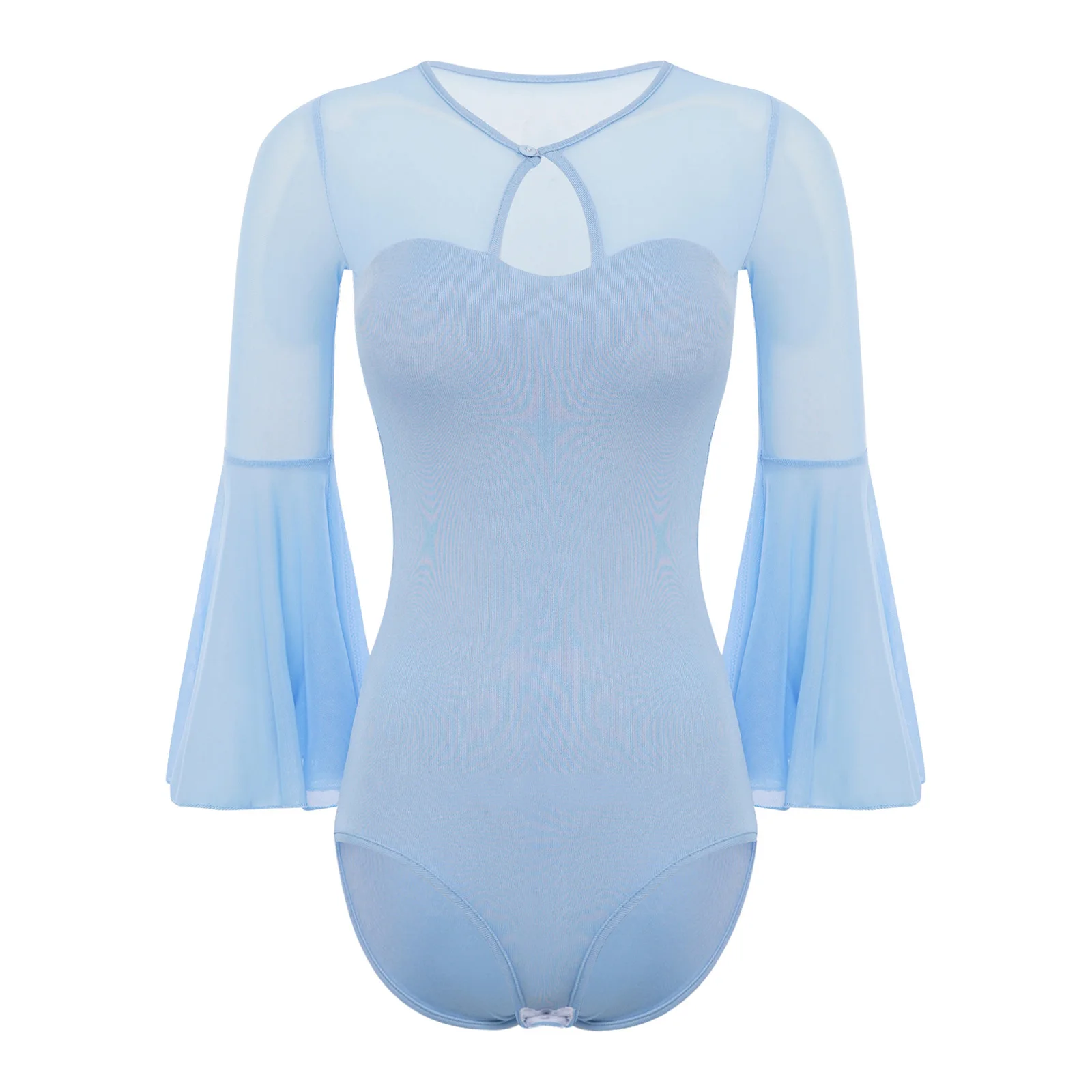 Womens Sheer Mesh Long Bell Sleeves Leotard Keyhole Front Removable Chest Pads Bodysuit for Modern Dance Practice Performance