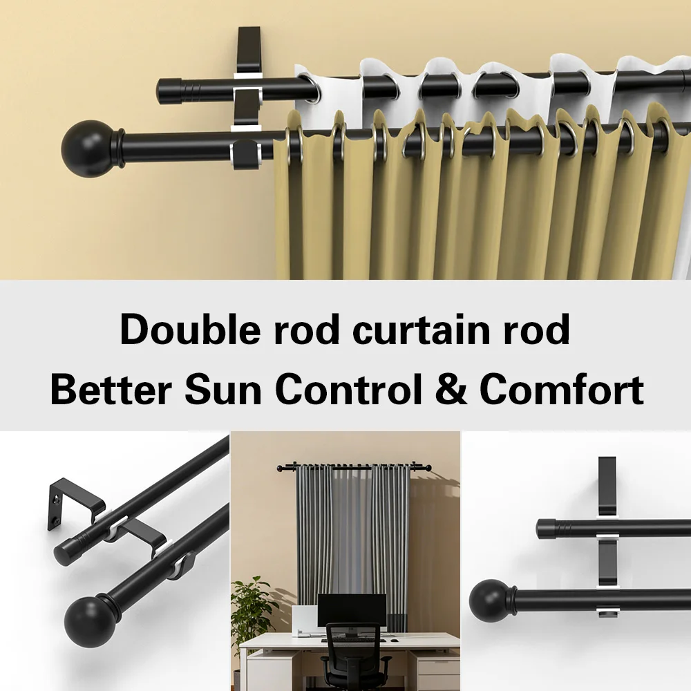 Black 0.748inch - 0.63inch Double Curtain Rod Set, Made of Metal Iron, Spiral-Connected Double Roman Rod/Double Track Rod, Length 60 to 132inch Inches. Suitable for Windows from 54 to 128inch Inches,