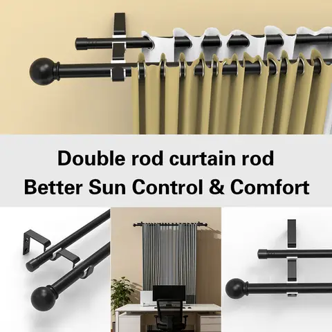Black 0.748inch - 0.63inch double-rod curtain rod set, made of metal iron, spiral joint double Roman rod/double track rod, length 60 to 132inch. Suitable for windows 54 to 128inch, can be fitted with window screens and sunshade curtains, suitable for bedrooms, living rooms, and dining rooms, classic style.