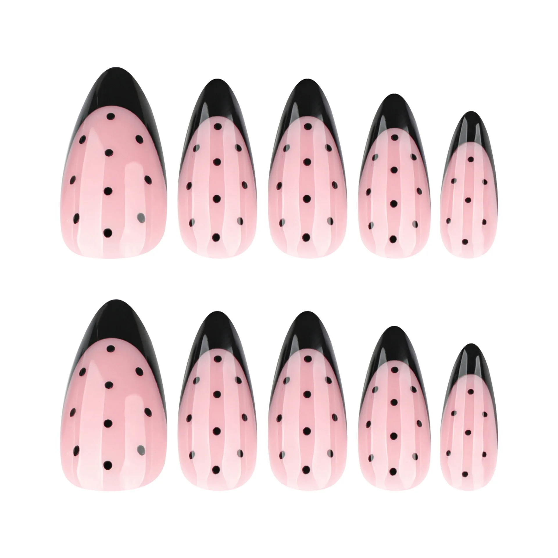 Średnie sztuczne paznokcie dla kobiet, dziewczęce, modne, wzór w kropki, czarno-niebieskie, pełne pokrycie, francuski manicure, tipsy w kształcie migdała, naklejane sztuczne paznokcie, zdobienie paznokci.