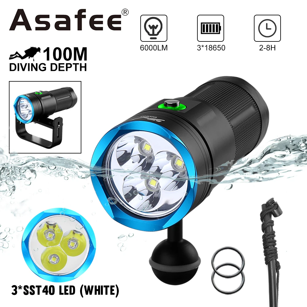 Asafee SST40 LED Lamp 6000LM 100M Underwater Torch SOS Light IPX8 Waterproof Diving Flashlight Power Display Scuba Lantern