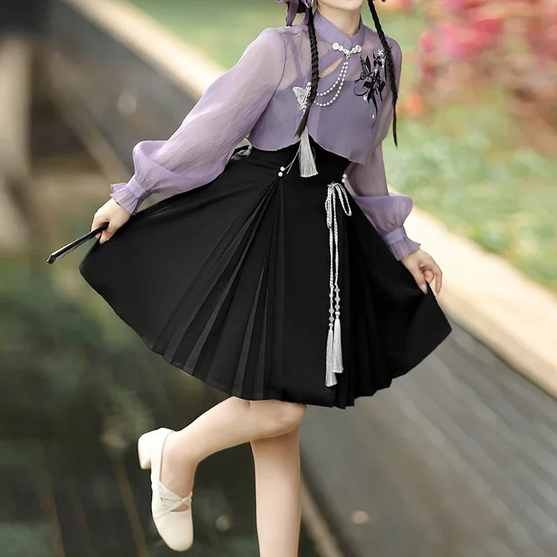 Suit women's new spring 2024 wear purple gauze Chinese style top women's slim Joker dress with two pieces.