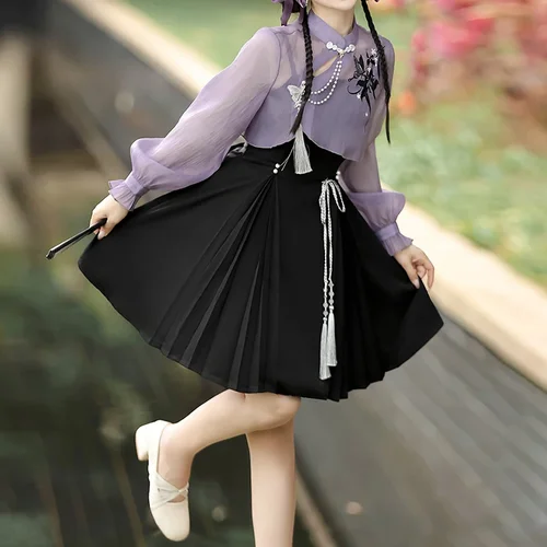 Imagen 2 del producto Traje nuevo de primavera 2024 para mujer, top de estilo chino de gasa púrpura, vestido ajustado Joker con dos piezas.