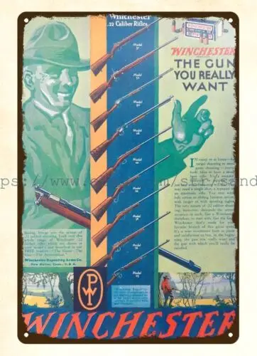 indoor wall hangings 1920s Winchester Firearms rifles hunter metal tin sign