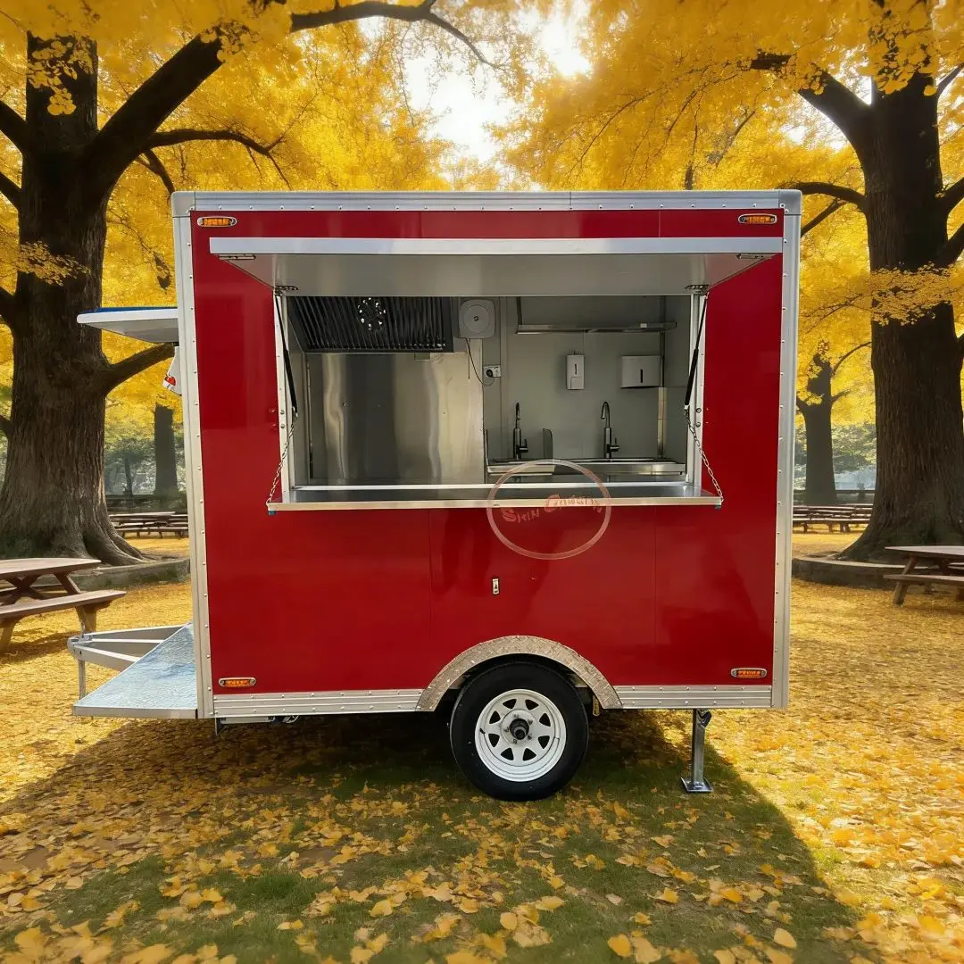 

Красный коммерческий прицеп для концессионной уличной еды, настраиваемая мобильная кухонная тележка для барбекю, кофе, мороженого, торговля