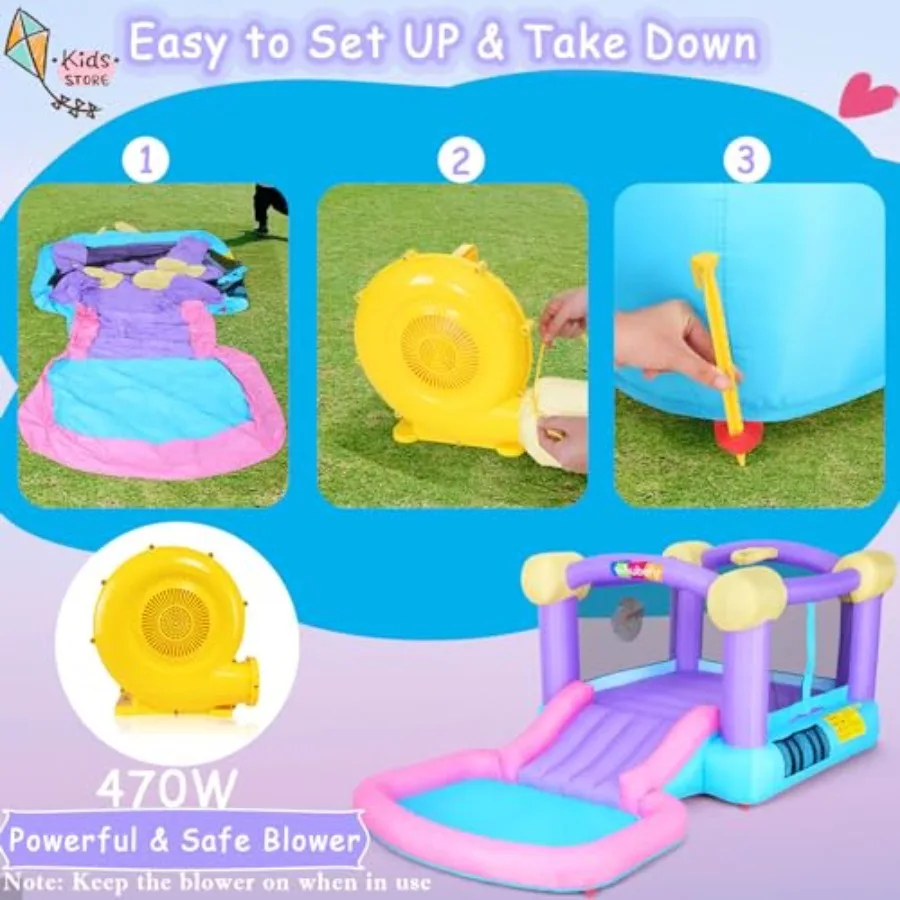 바운스 하우스, 어린이용 블로워 포함 에어바운스(3-10세), 슬라이드/볼풀 포함 실내외 겸용 바운시 하우스, 5 in 1 점프