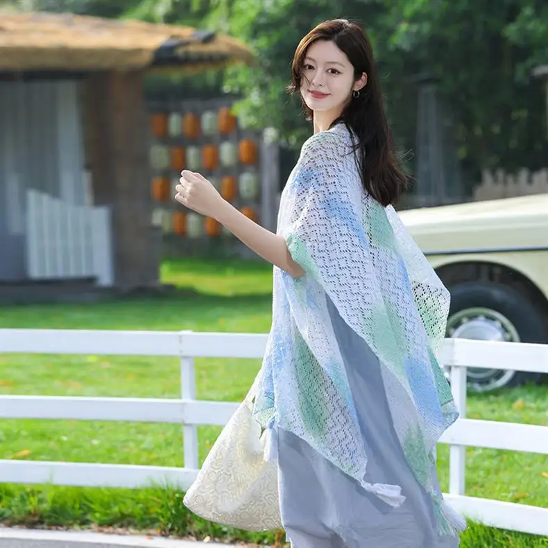 

Thin knitted hollow-out tassel shawl for outdoor photography and travel