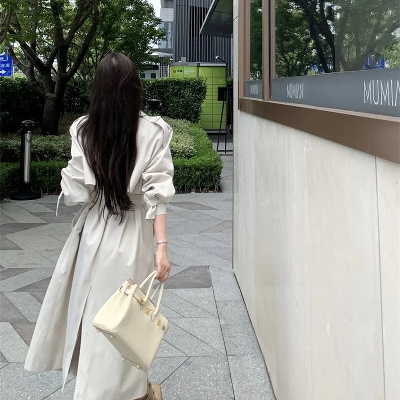 Autumn Winter Long Classic Outerwear Women's Faion Loose Briti Sle Coat  Knot Korean Version Polyester Fabric