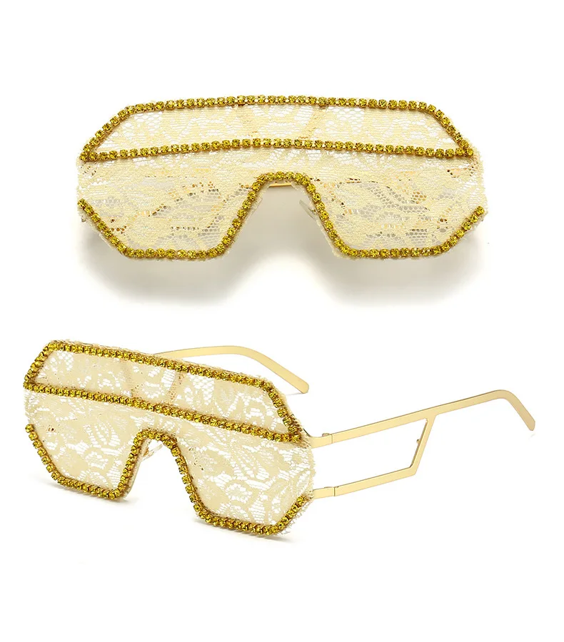 Ein Stück Floral Spitze Sonnenbrille Frauen Punk Großen Rahmen Diamant Sonnenbrille Weibliche Flache Top Strass Outdoor Fashion Brillen – Detail 24