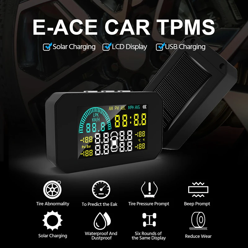 E-ACE  TPMS Solar Car Powered Tire Pressure Sensor K15 Automatic Security Alarm System Digital Display Tire pressure sensors