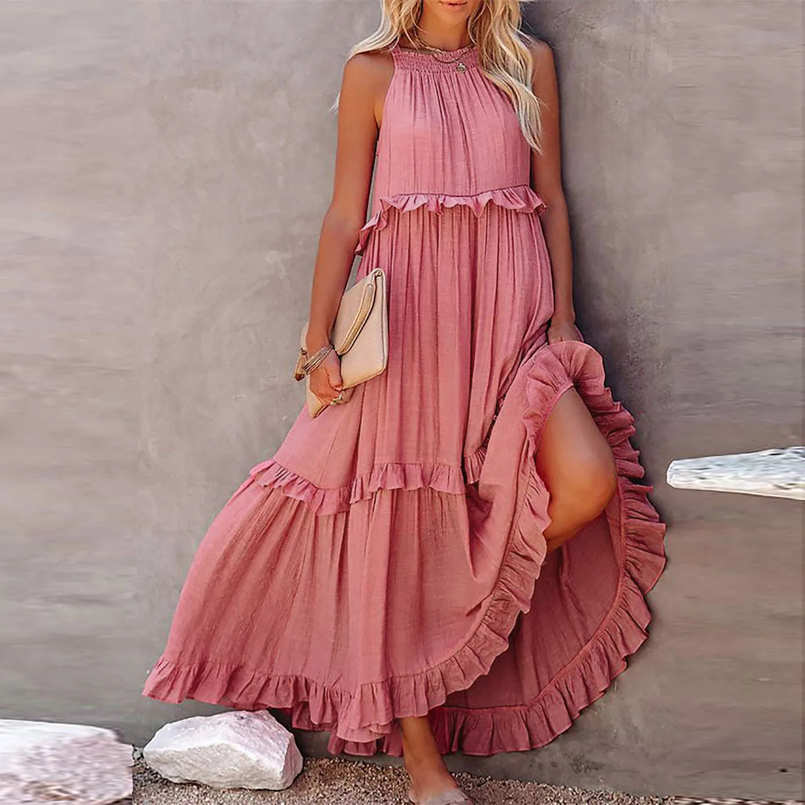 Summer Women Ruffle Tiered Maxi Halter Dress Solid senza maniche abiti lunghi da spiaggia irregolare Cake Dress Backless 2024 nuovo vestito