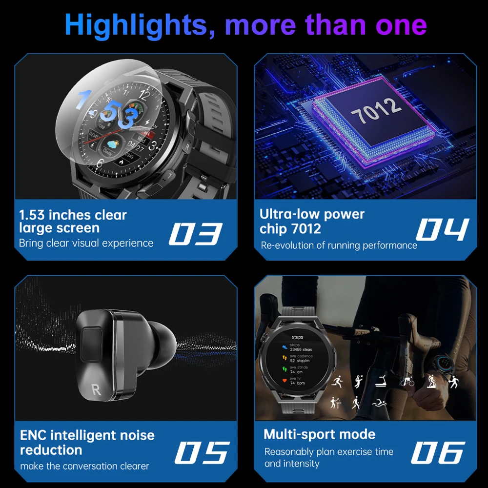 New 2 In 1 Headset Blue Tooth Call Smart Watches ENC Noise Reduction Earphone 4GB Memory Music Sports Men NFC Smartwatch Women