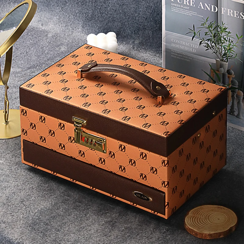 Mirrored 3-Layer Jewerly Box Exquisite Combination Lock Jewelry Organizer PU Portable Jewelry Storage Display for Earring Ring