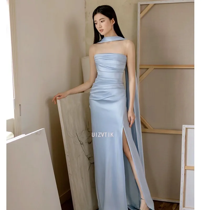 Elegante Vrouwen Feestjurken 2025, Strapless Trailing Hoge Split Backless Geplooide Avondjurk Dames Formele Gelegenheidsjurk