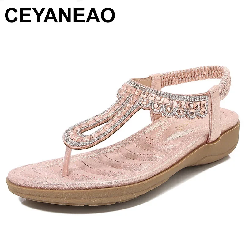 New String Bead Women Sandles Fashion Bohemia Dress Leaf Rhinestone Mujer Sandalia Elastic Band Wedges Beach Dress Ladies Shoes