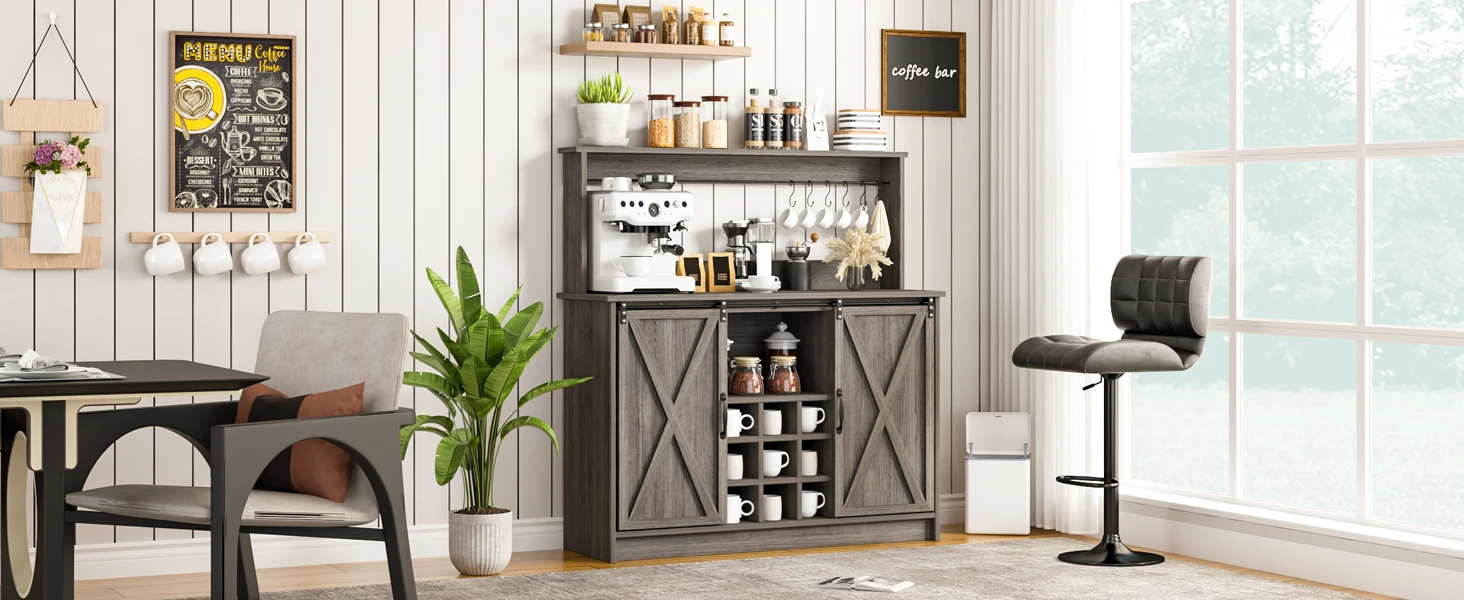 Farmhouse Coffee Bar Cabinet with 6 Hooks