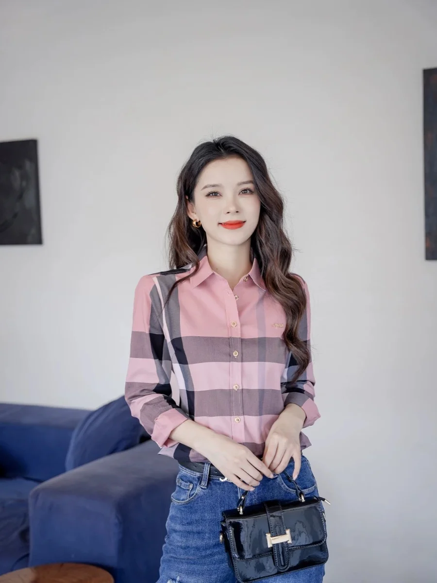 Pink Classic Plaid Long Sve Women's irt Versatile Slimming Retro Design Spring 2026 Straight Cotton Button up Top