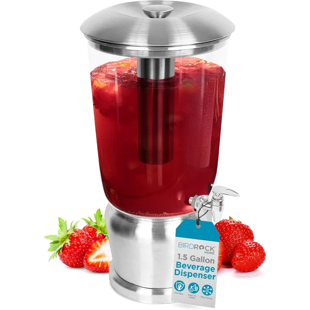 

High Quality 1.5 Gallon Stainless Steel Beverage Dispenser with Ice Container, Stand & Spigot - Round