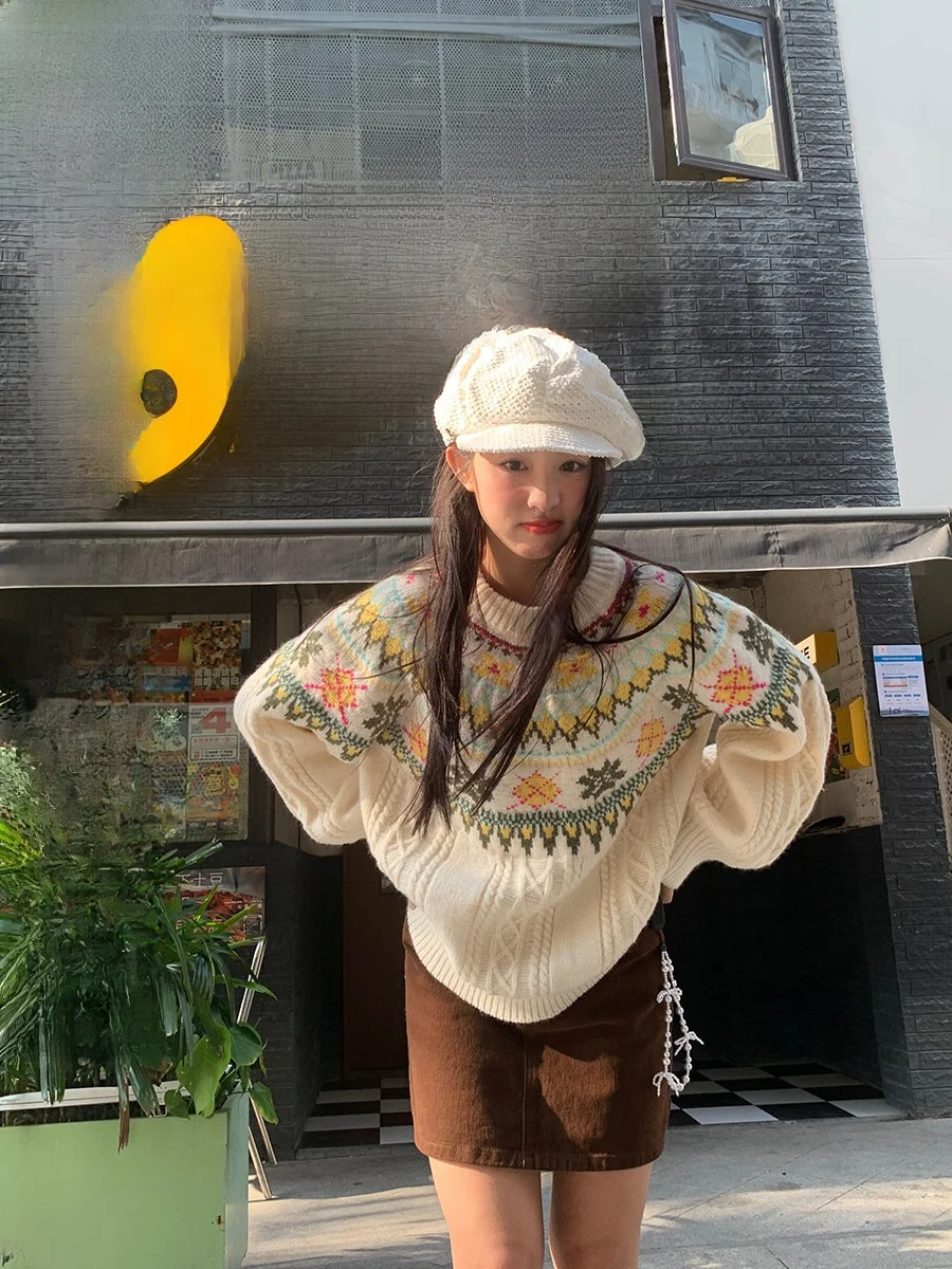 

Sinbounboun Fair Isle Knit Sweater Women's Loose Fit round Ne Overhead Heavy Embroidery Ethnic Sle Autumn Winter Faion