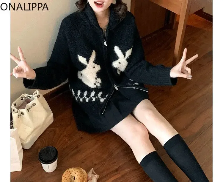 Onalippa Rabbit Jacquard Knitted Cardigan Turn Down Collar Zipper Cardigans Korean Slouchy Style Thick Contrast Sweater Women