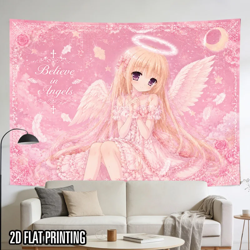 VIKAMA Pink Anime Angel Tapestry, Halo Wing Girl Rose Wall Hanging, Aesthetic Kawaii Room Decor for Bedroom Dorm