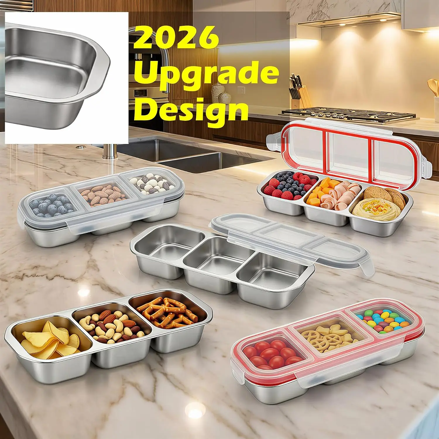 3 PACK Stainless Steel Snack Containers With Lids – 3 Compartment Grab And GO Snack Box Container Reusable – 2026 Upgraded Bento