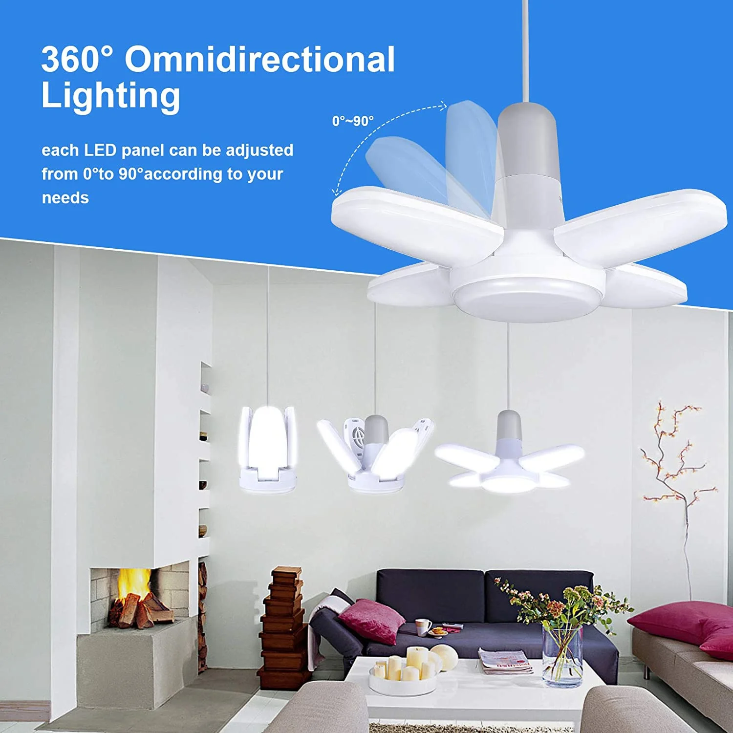 Lâmpada LED dobrável para teto doméstico, mini ventilador, luz de garagem, deformável, lâmpada de oficina, E27, AC 85-265V, 55W