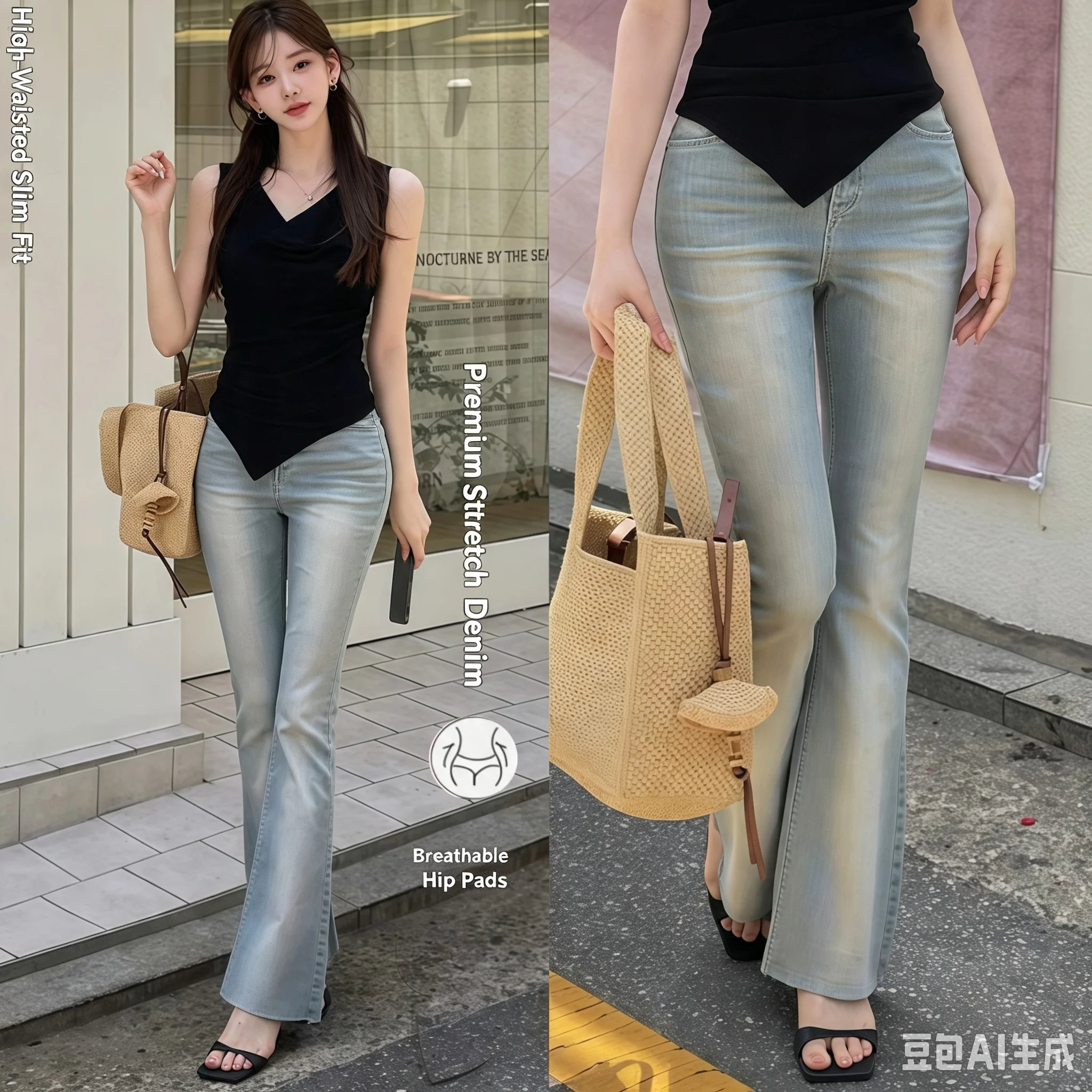 Hip Enhancer Korean Vintage Light Cyan Washed Slim Flare Jeans, Hip Shaping High Waist Stretch Denim Pants for Women
