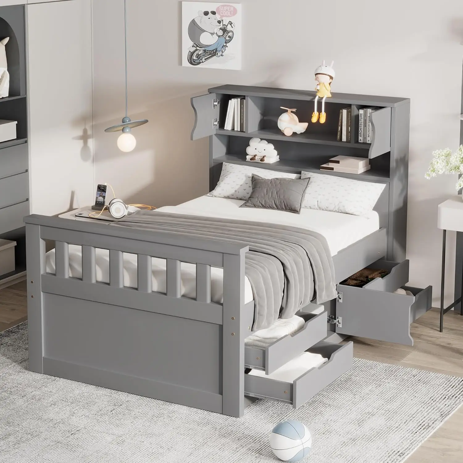 Bellemave Twin Size Captains Bed With Storage Drawers, Daybed With Storage, Captain Platform Bed Frame With Storage Bookcases