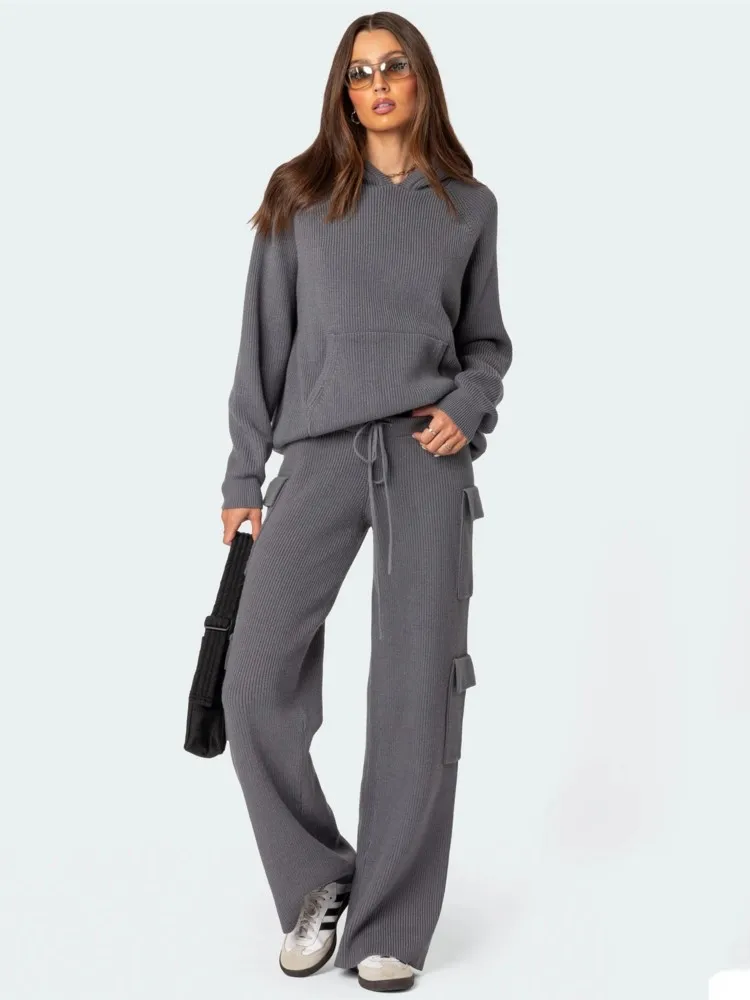 

Women Fashion New Knitted Pocket Straight Pants Two Piece Sets Casual O Neck Hooded Long Sleeve Sweater Suit 2025 Lady Outfits
