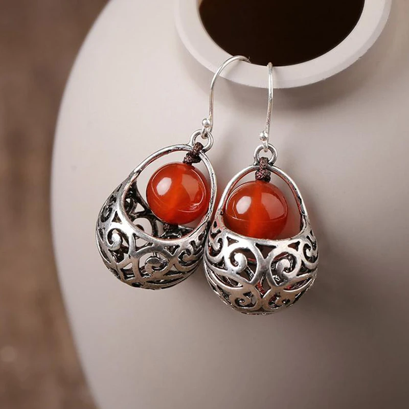 Original designer new ethnic style red round hollow earrings retro temperament exquisite luxury ladies silver jewelry