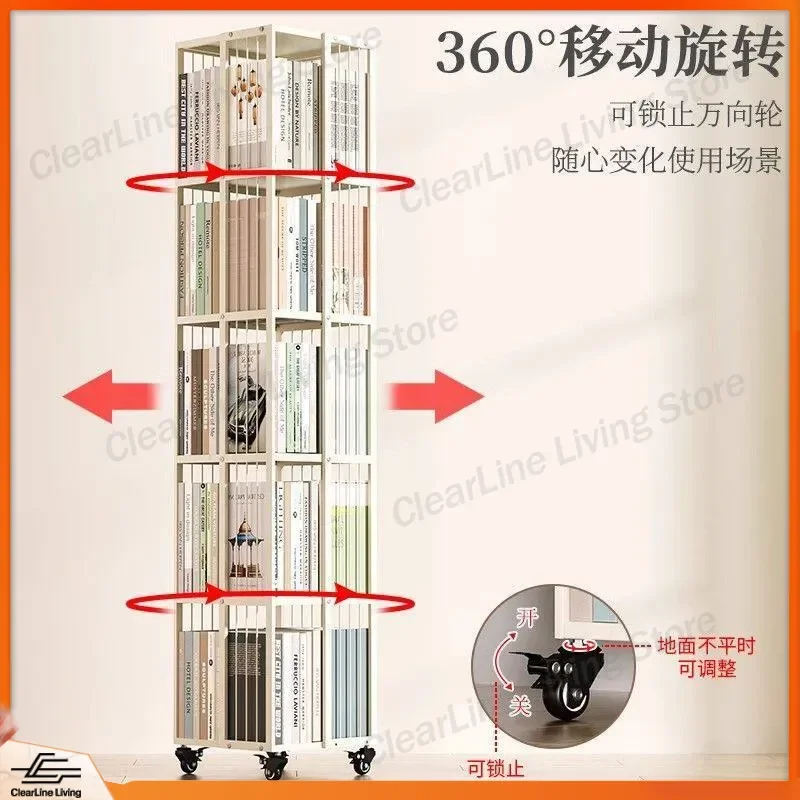 for Rotating Bookshelf 360 Degree Moving with Wheel Bookcase Floor Multi-layer Storage Rack Wrought Iron Household Storage