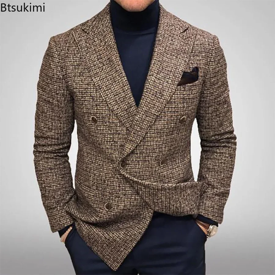 2024Spring Autumn Men's Plaid Print Blazer Suits Jacket Casual Slim Wedding Party Long Sleeve Suits Jacket Men's Clothing Blazer