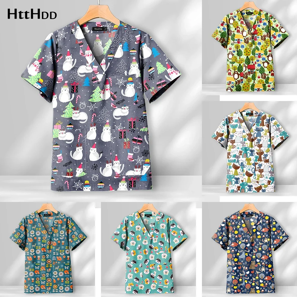 Manicurist Beautician Printed Short Sleeve Scrub Coat Care Cleaning Dustproof Uniform Dentist Operating Room Surgical Gown Women