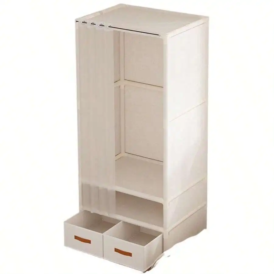 Fabric Portable Wardrobe With Curtain And Drawers, Single Rod Clothes Storage Closet For Bedroom