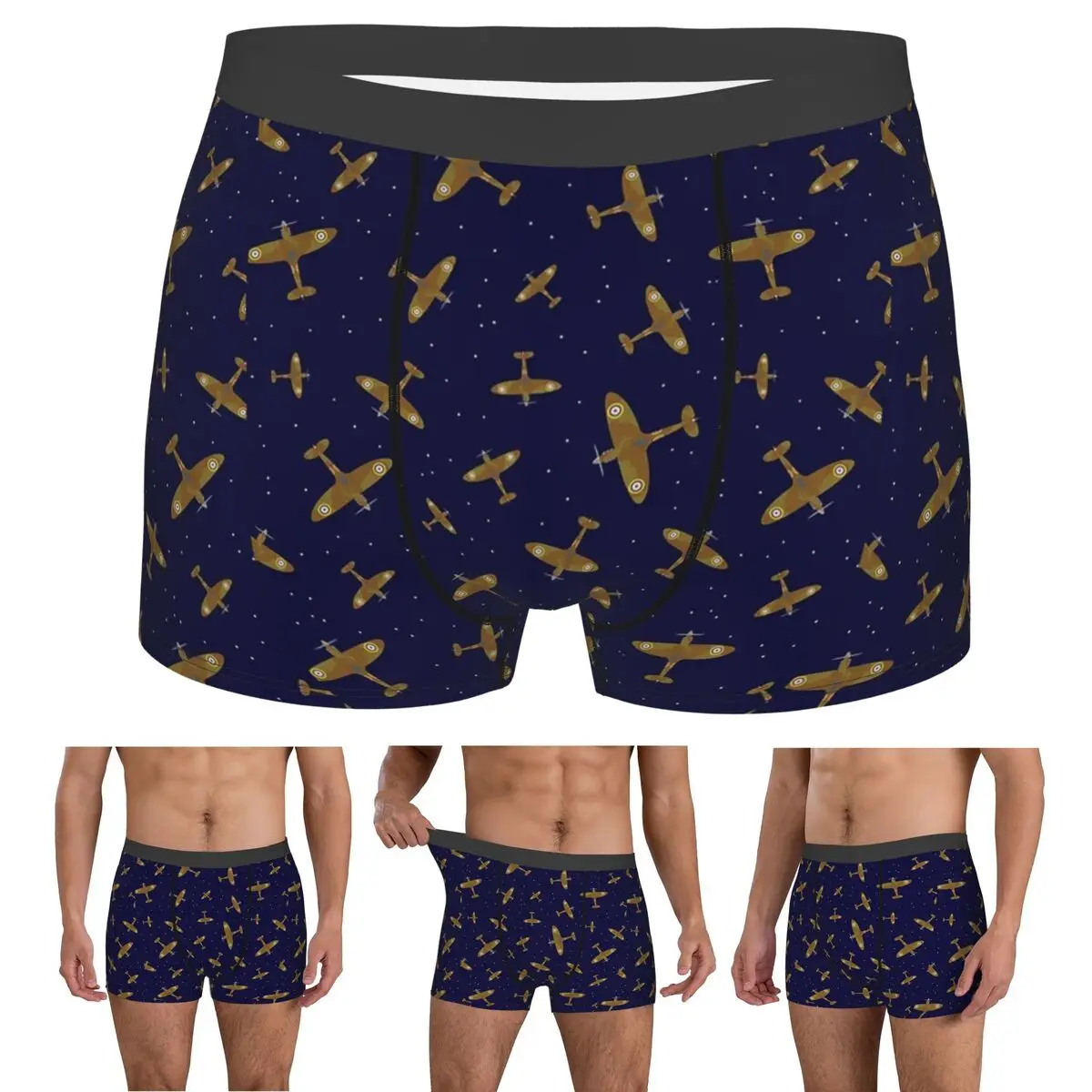 

Boxer Underpants Shorts Spitfire War Planes In Flight On Navy Blue Panties Male Comfortable Underwear for Homme Man Gifts