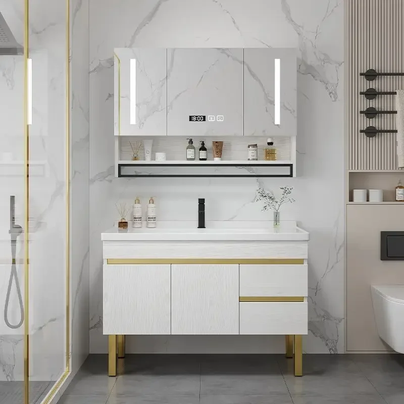 Nordic Modern Bathroom Cabinet Vanity with Smart Mirror Simple Floor Type Bathroom Sink Integrated Washbasin gabinete Furniture