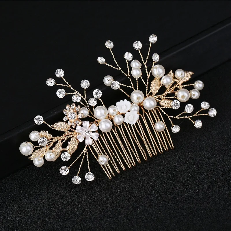 

Elegant Pearl white Flower Headdress Jewelry Crystal Rhinestone Wedding Prom Bride The Golden Foliage White Flower Hair Comb