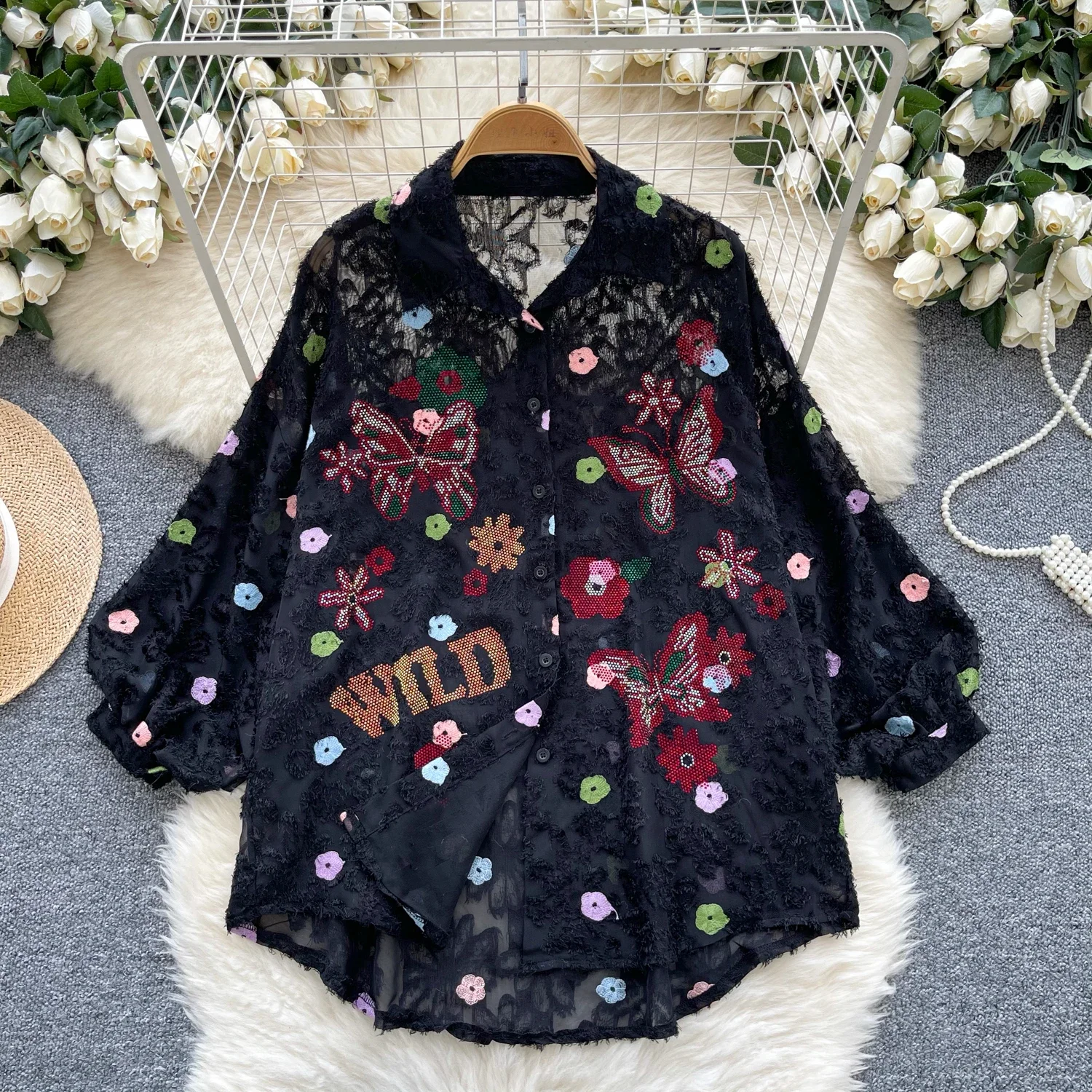 Vintage Butterfly Sequin Embroidered Long Puff Sleeve Casual Mesh Looose Basics Korean Fashion Streetwear Autumn Women Blouse