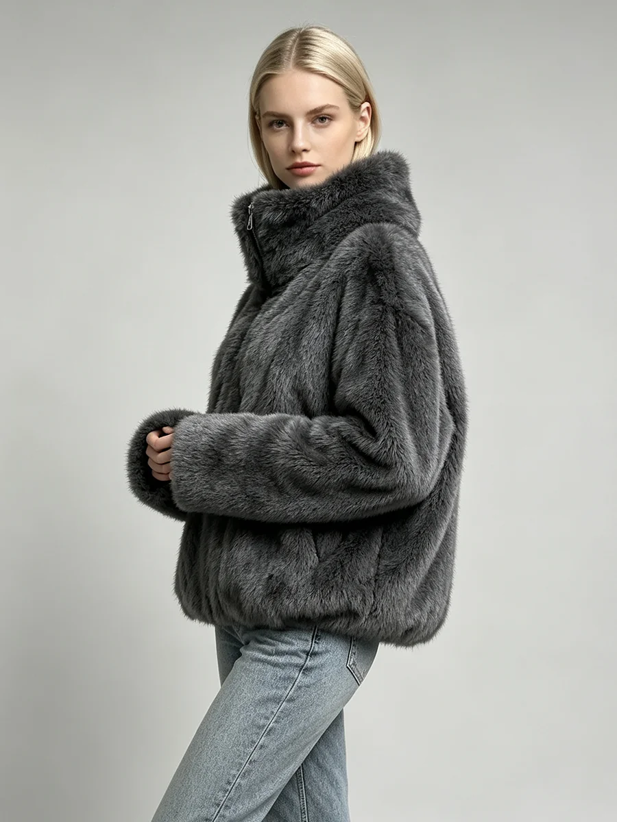 LIMO Women High Collar Half Zip Faux Fur Jacket Gray Fluffy Warm Cropped Coat Winter Casual Loose Fashion Outerwear