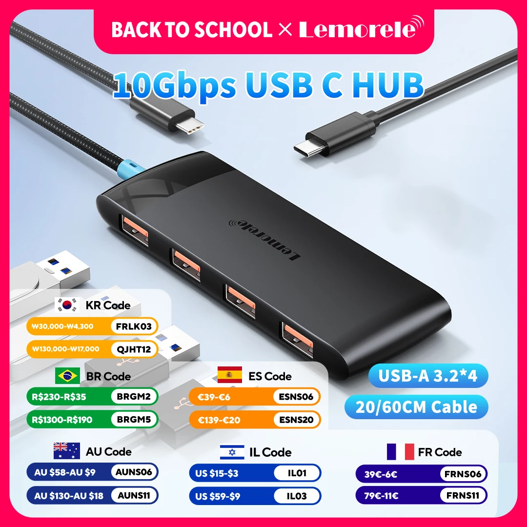 Hub USB 3.2 Lemorele, Divisor USB-C 10Gbps, Adaptador Tipo-C 3.2 GEN 2 para MacBook, Laptop, iPad, Telefone, Acessórios para PC