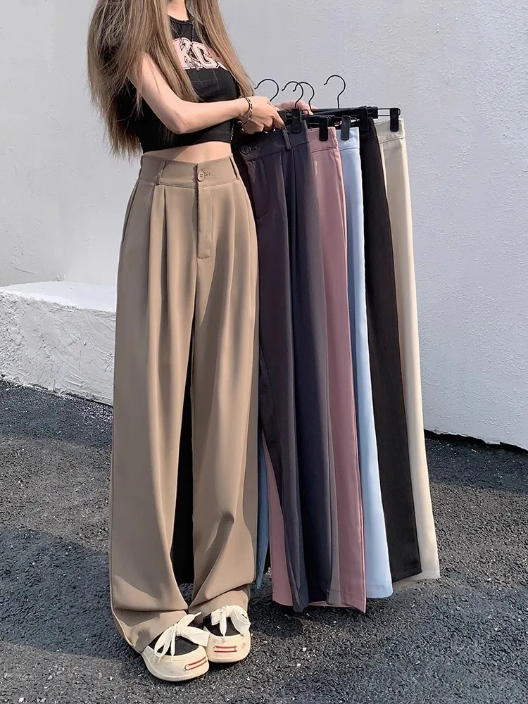 

Women Casual Suit Pants High Waist Wide Leg Loose Straight Drape Long Trousers