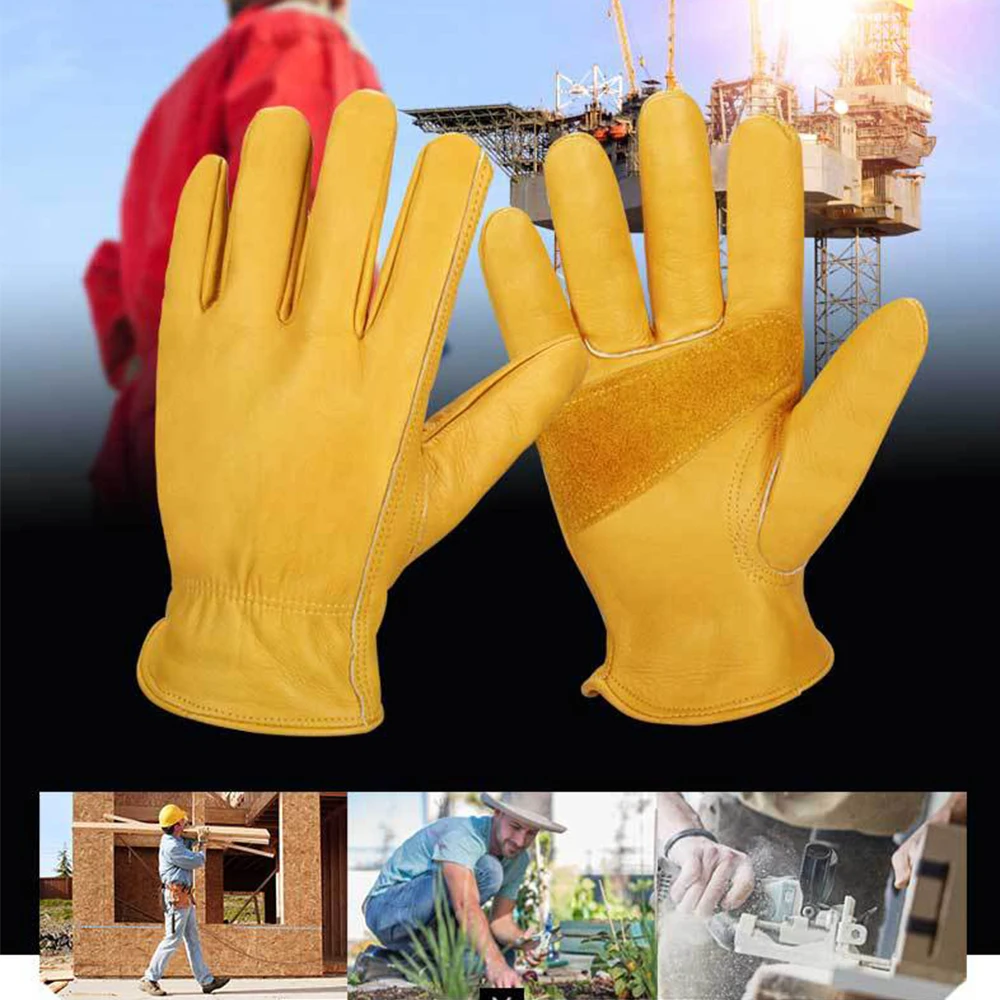 Unisex Reinforced Cowhide Leather Work Gloves with Palm Patch Safety Cowhide Leather Garden Working Gloves Driving Yard Work