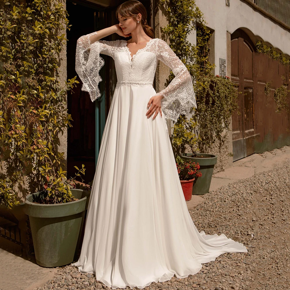 

Boho Chiffon and Lace Wedding Dress Illusion Flare Long Sleeves Classic V-Neck with Belt A-Line Floor Length Bride Backless Gown