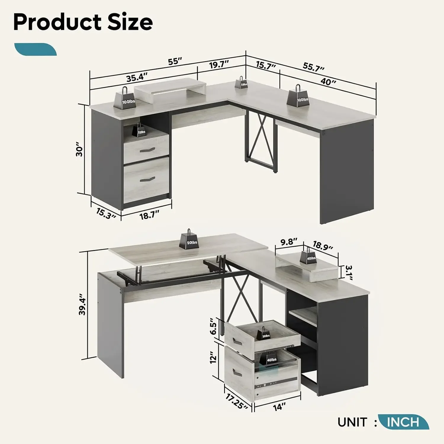 L Shaped Standing Desk with Computer Monitor Stand, Reversible Storage Drawers, Office Desk, 55 