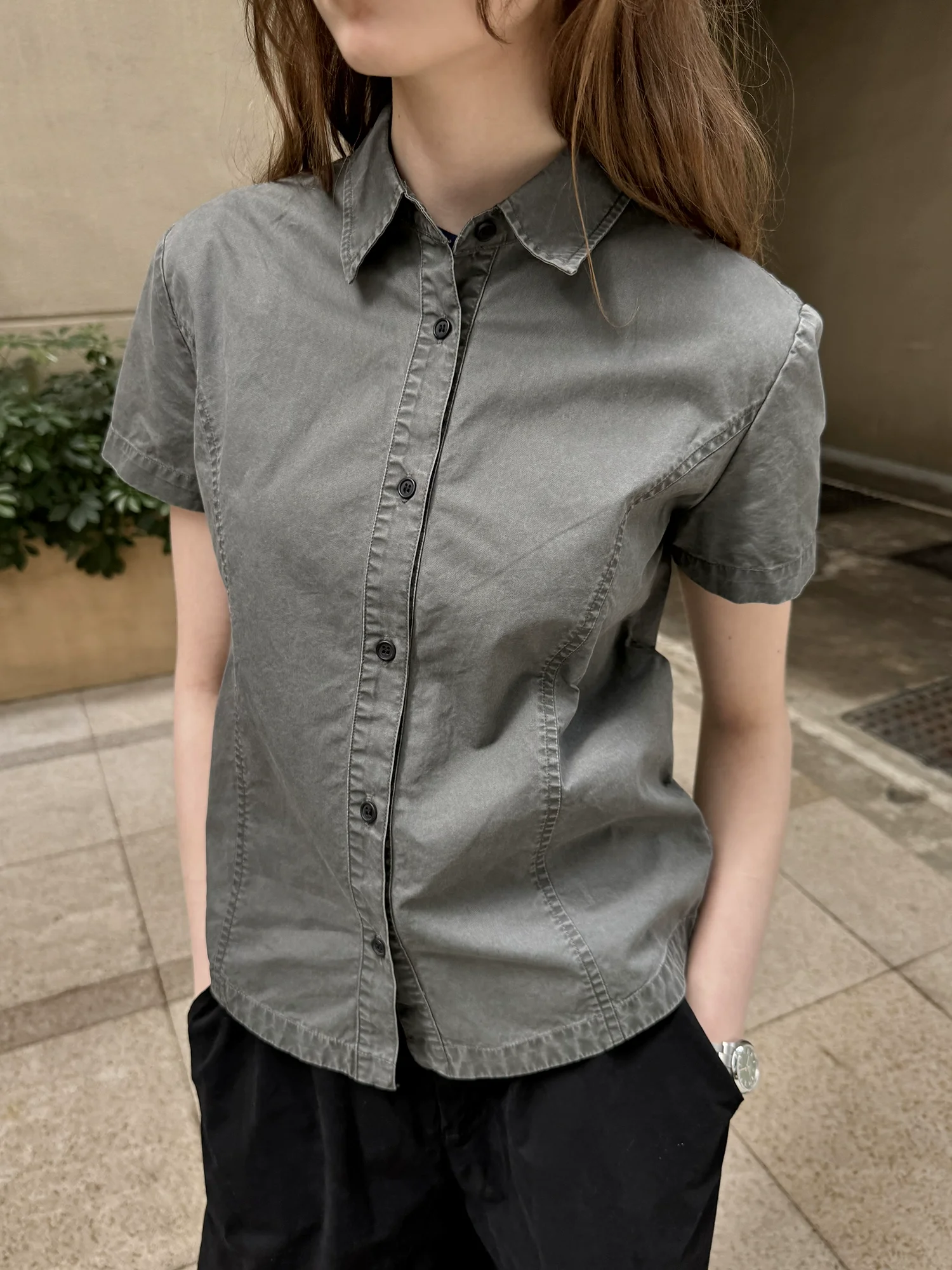 

ADAgirl Vintage Cargo Shirt Women Harajuku Short Sleeve Button Up Blouse Female Summer Japanese Style Tight Slim Kpop Clothes