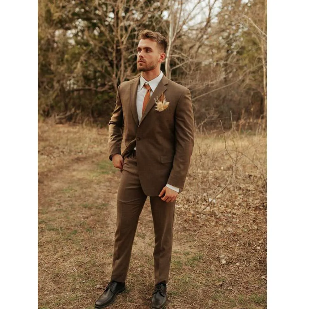 Elegant Brown Suits for Men Notch Lapel 2 Piece Jacket Pants Male Clothing Slim Fit Formal Business Wedding Party Blazers Sets