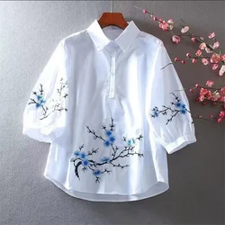 White Embroidered Shirt Women Blouse Pure Cotton Top For Women Summer Loose Pullover Casual Literary Lantern Sleeve Female Shirt