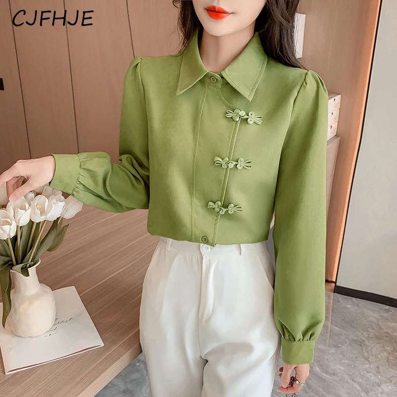 CJFHJE New Chinese Style Button Brushed Women\'s Shirt Top Spring Fashion Retro Versatile Women Long Sleeved POLO Collar Shirt